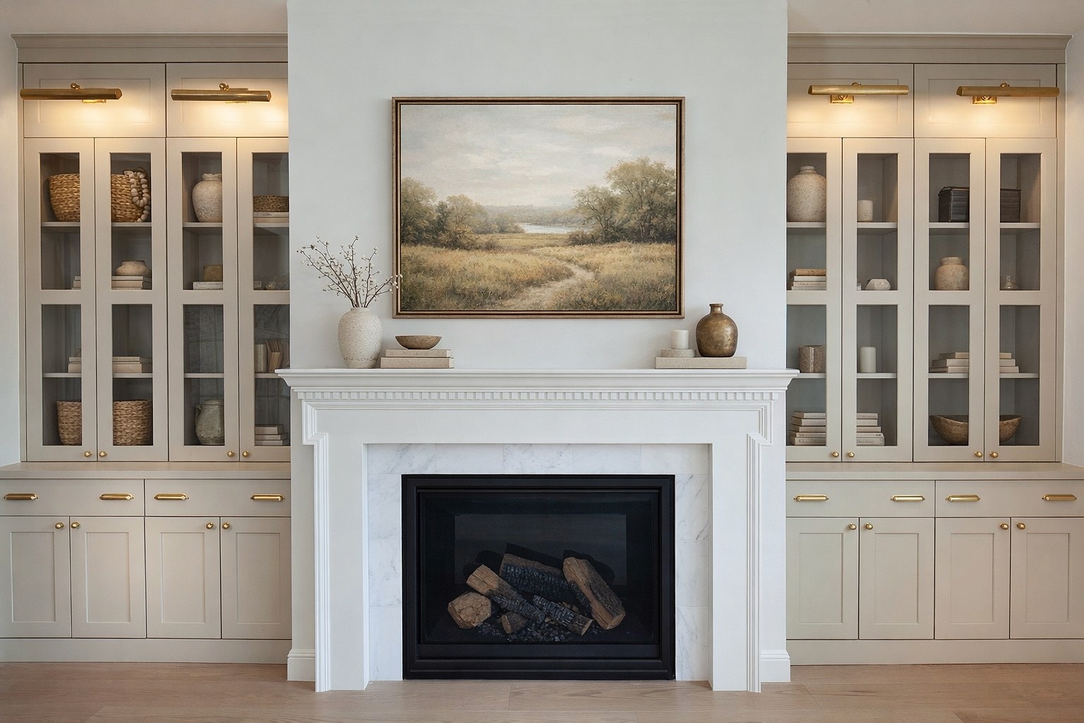 Affinity TruFrame® built-in cabinetry with glass-front uppers flanking a fireplace
