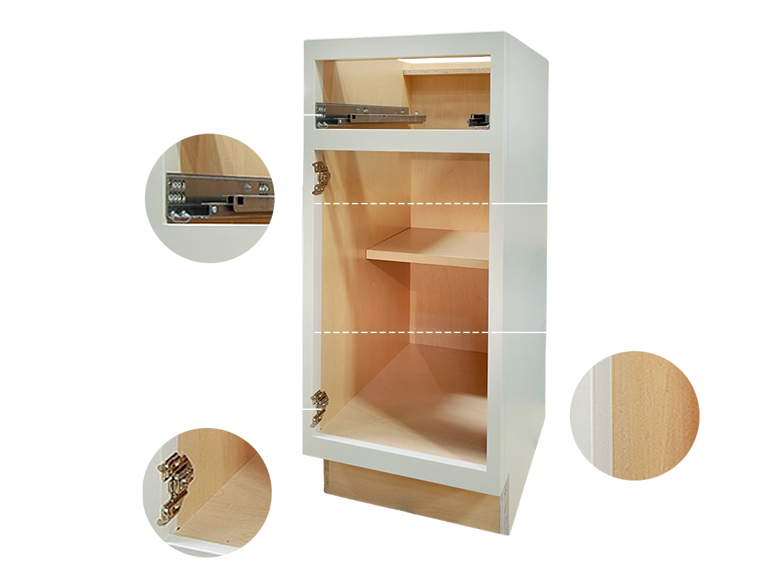 TruFrame® cabinet with labeled features: side mounted hardware, full width access, Euro hinge hardware and flush frame