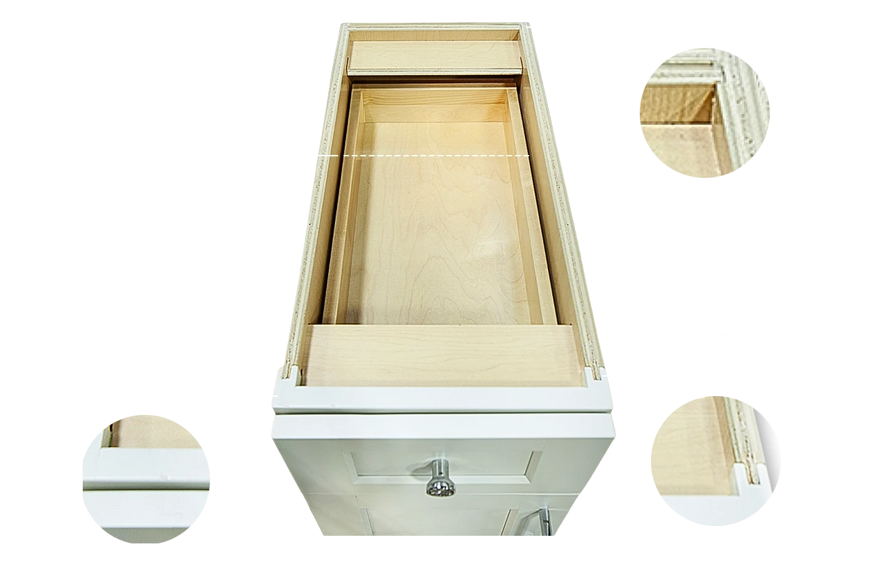 TruFrame® drawer with labeled features: full width drawers, solid wood face, flush ends and inverted flush stiles